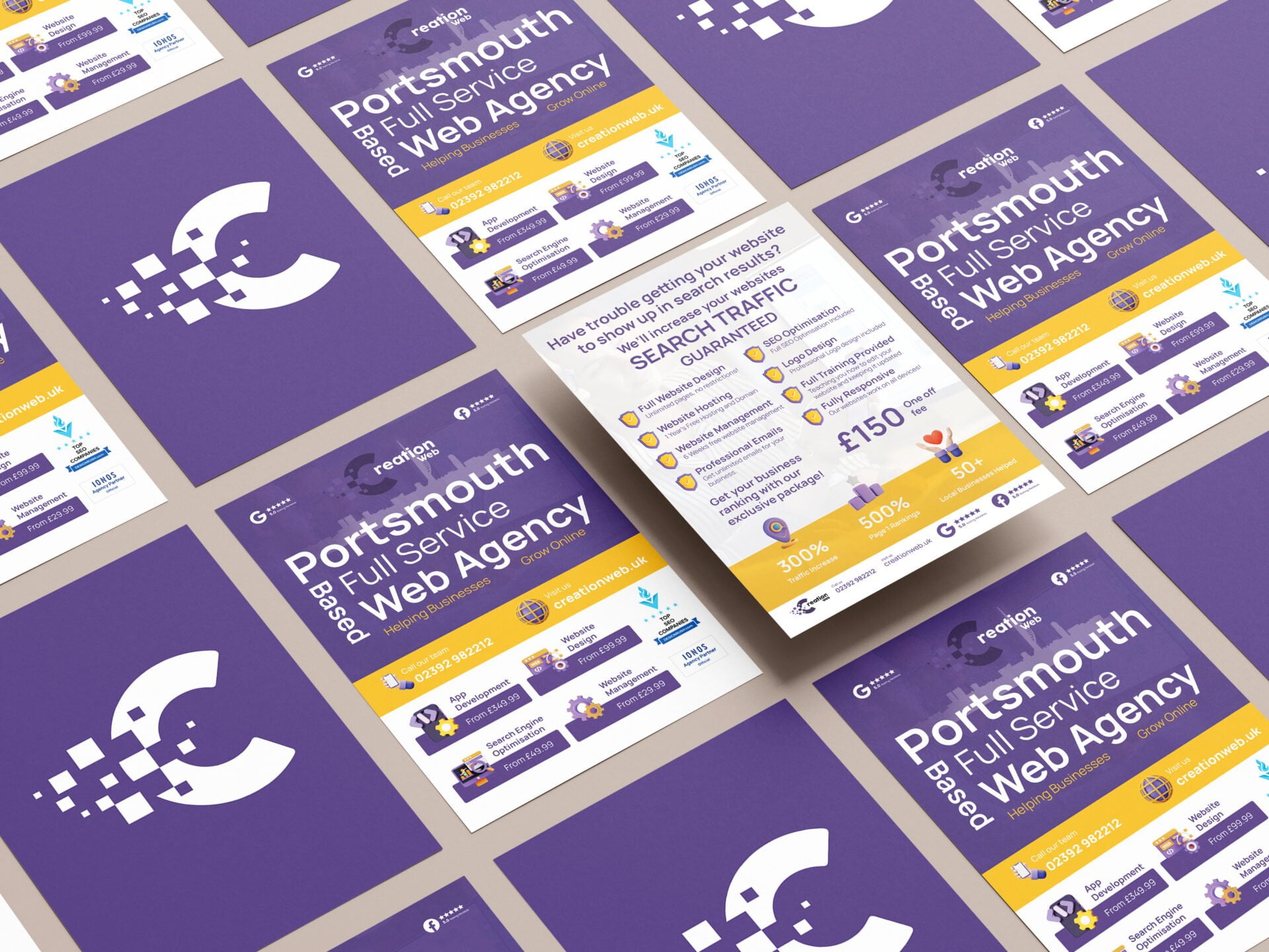 Free A4 Flyers Grid Mockup 3 Affordable App Development & SEO Agency in Portsmouth, Havant & Hampshire. We design and create websites From just £99